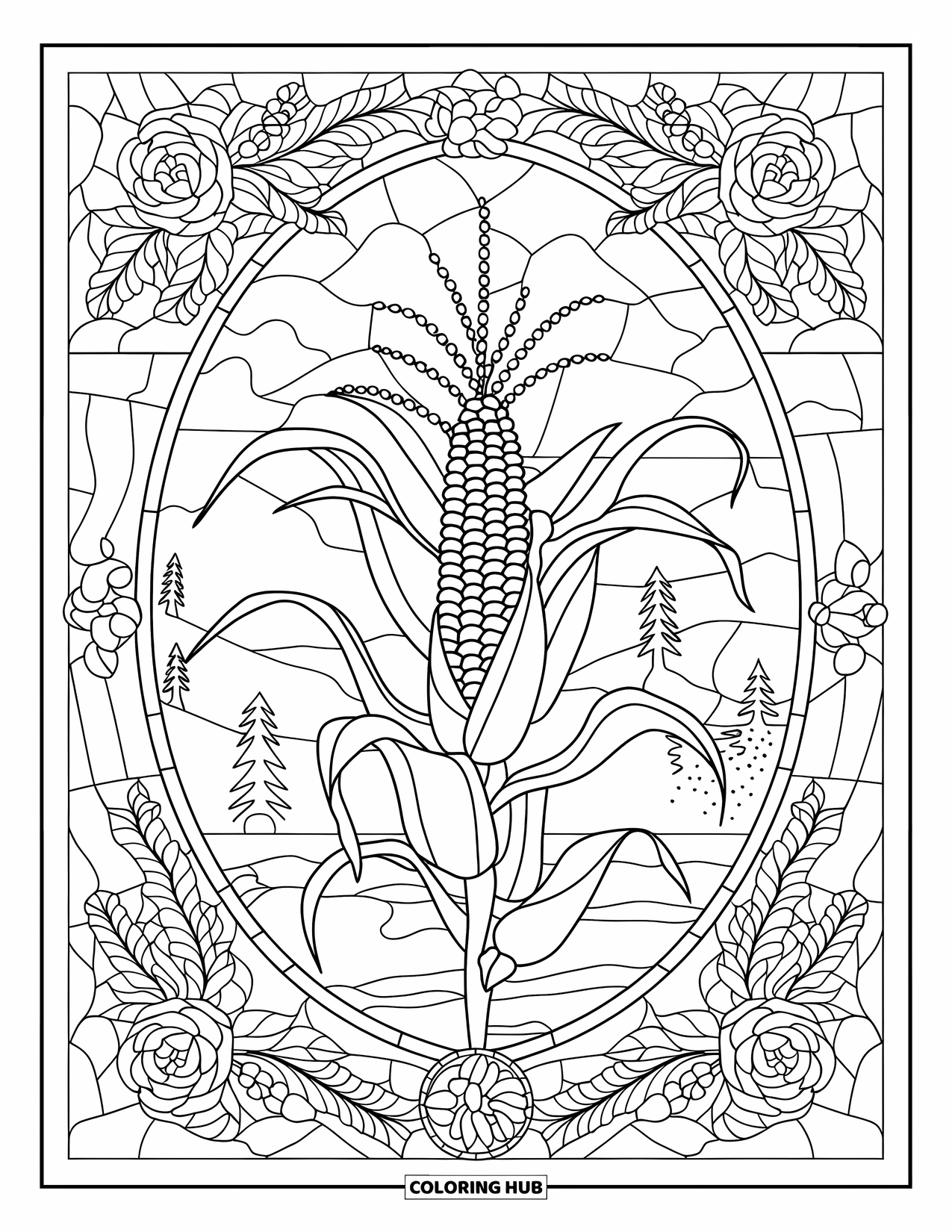 Corn Coloring Page for Adults: A corn stalk framed in stained glass sits before a landscape with mountains and trees