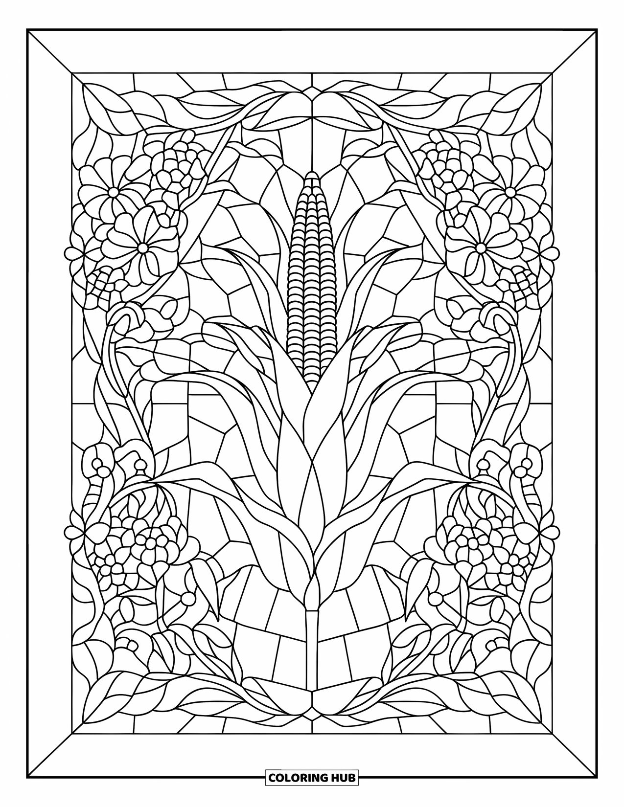 Corn Coloring Page for Adults: A corn stalk grows tall inside a floral stained glass frame of leaves and blooms