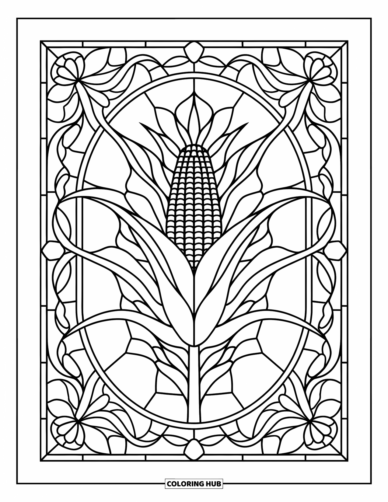 Corn Coloring Page for Adults: A corn stalk with leaves sits at the center of a stained glass floral frame