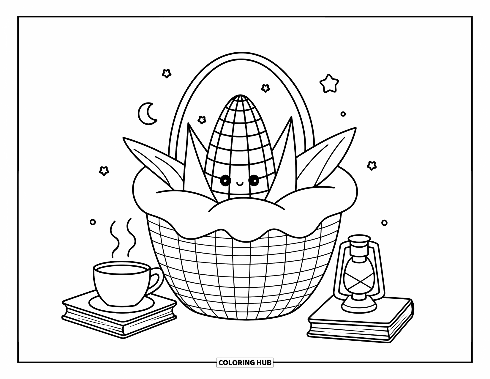 Corn Coloring Page for Adults: A cozy corn snuggles in a basket with tea, books, and stars floating above