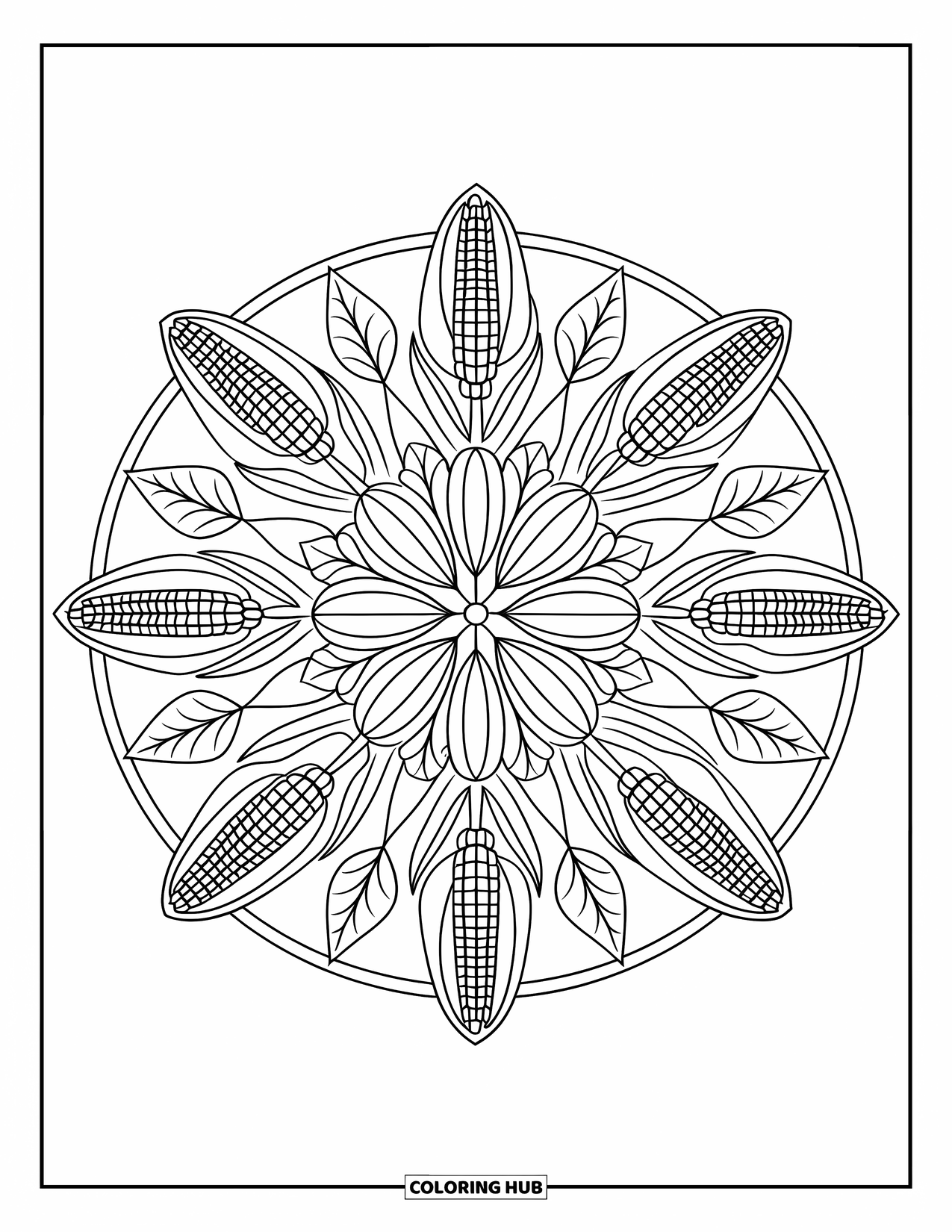 Corn Coloring Page for Adults: A round mandala made of corn, wheat, and leaves invites calm and creativity