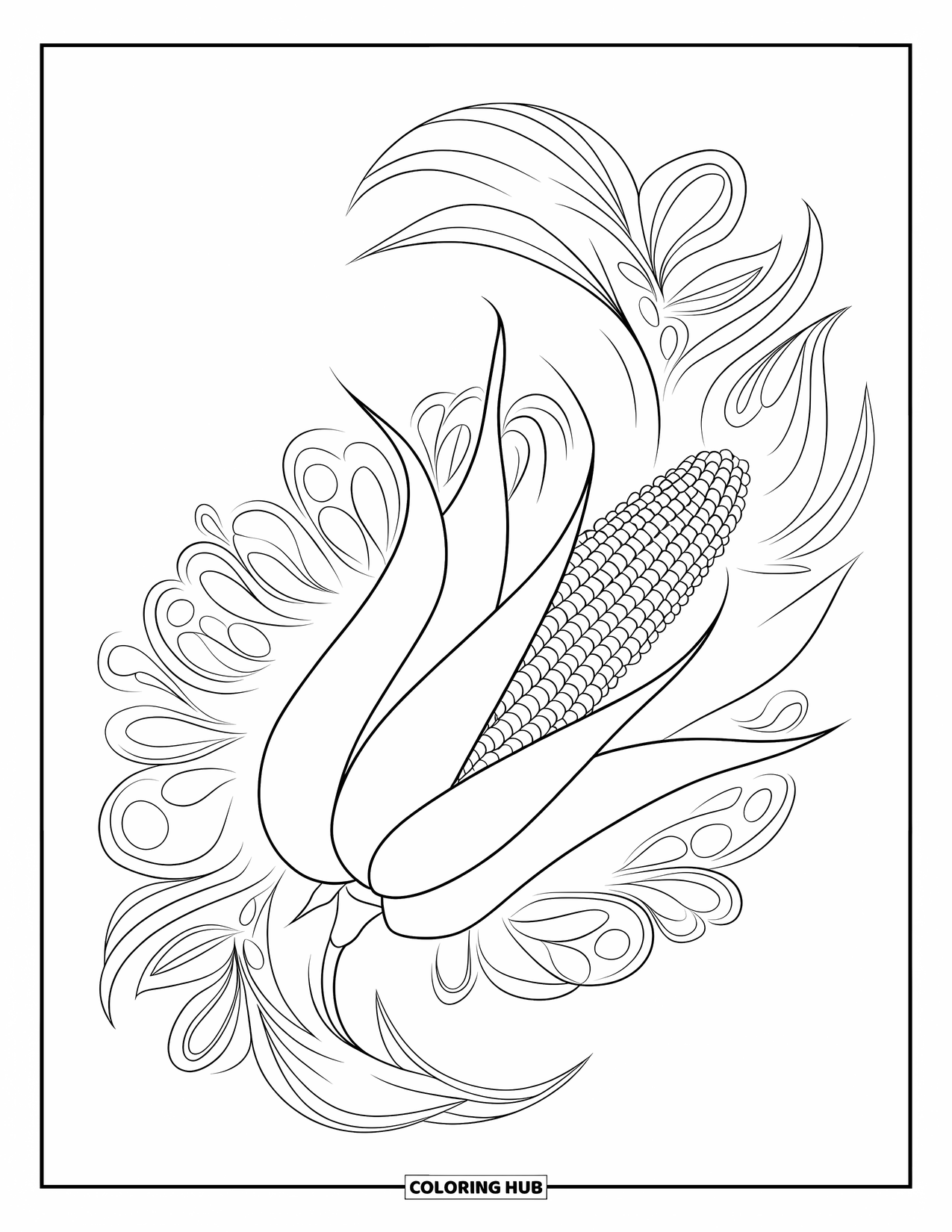 Corn Coloring Page for Adults: An elegant corn cob is centered in swirling botanical mandala patterns