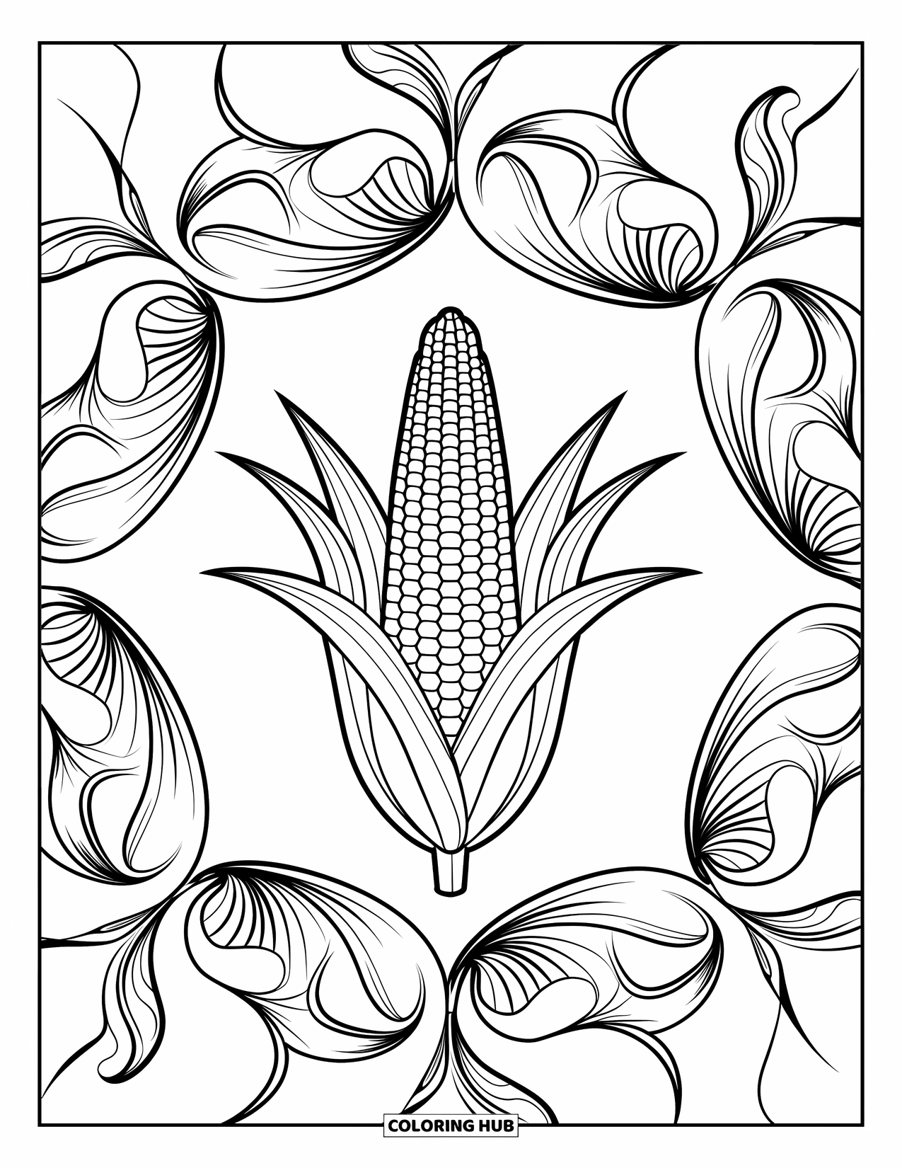 Corn Coloring Page for Adults: An intricate mandala wraps around a central corn cob with crisp, clean lines