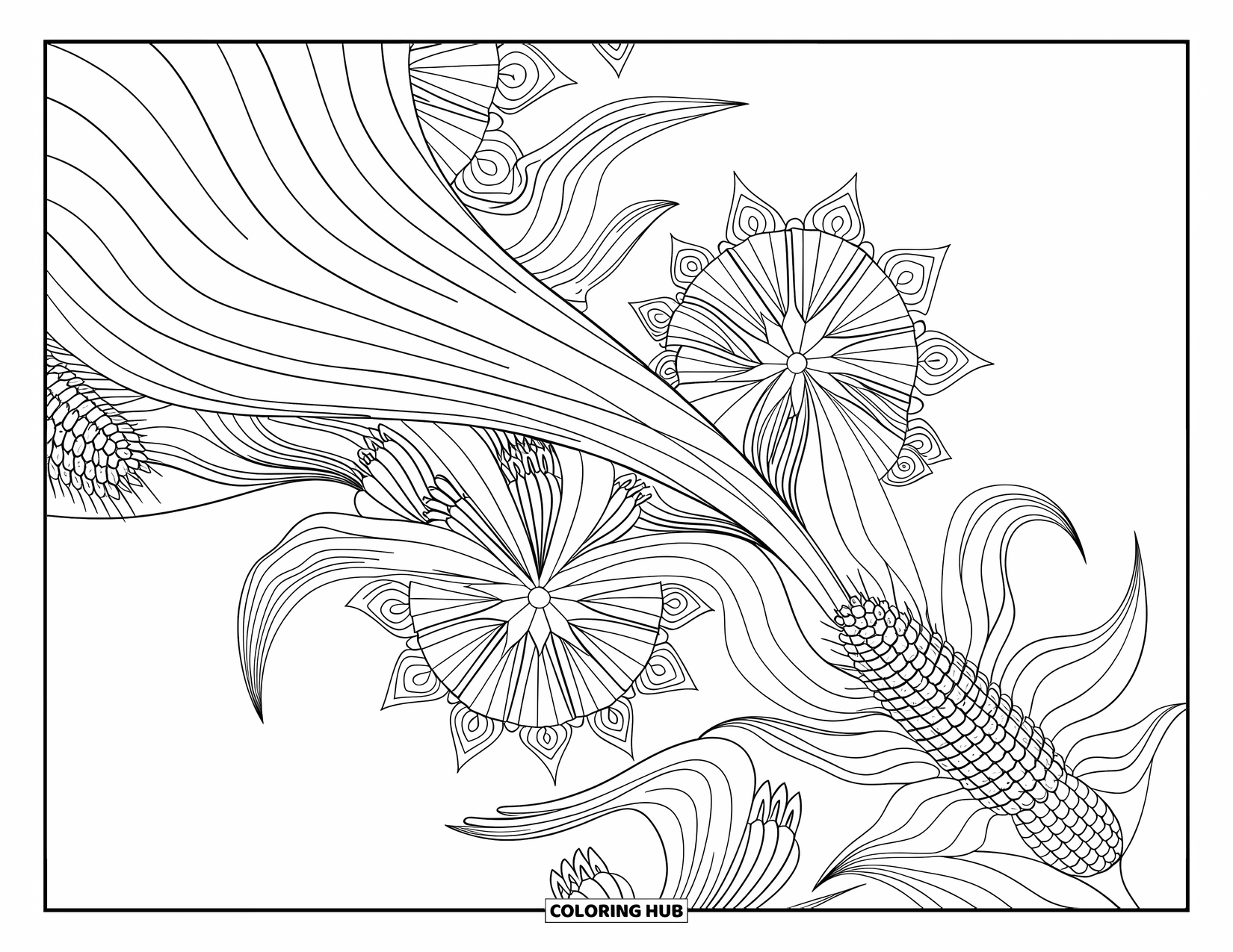 Corn Coloring Page for Adults: Corn cob texture blends into floral patterns with bold shapes and smooth curves