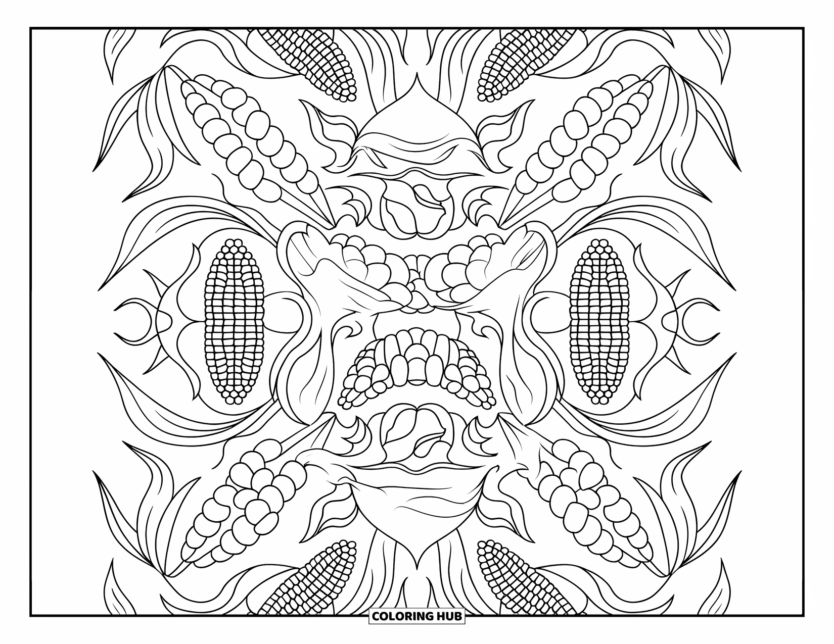 Corn Coloring Page for Adults: Corn kernels, husks, and vines repeat in a bold, full-page symmetrical pattern
