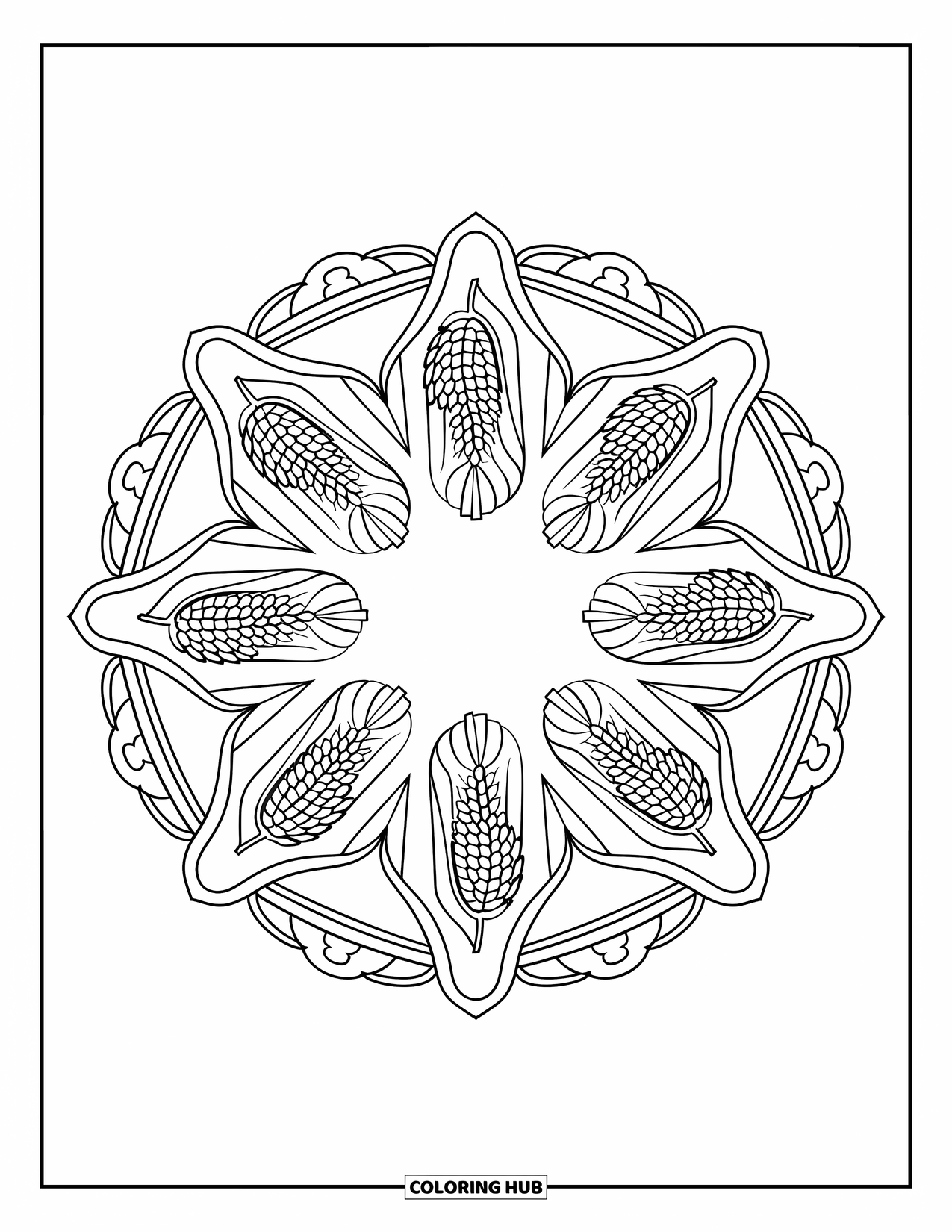 Corn Coloring Page for Adults: Corn, leaves, and wheat form a balanced harvest mandala with a round frame