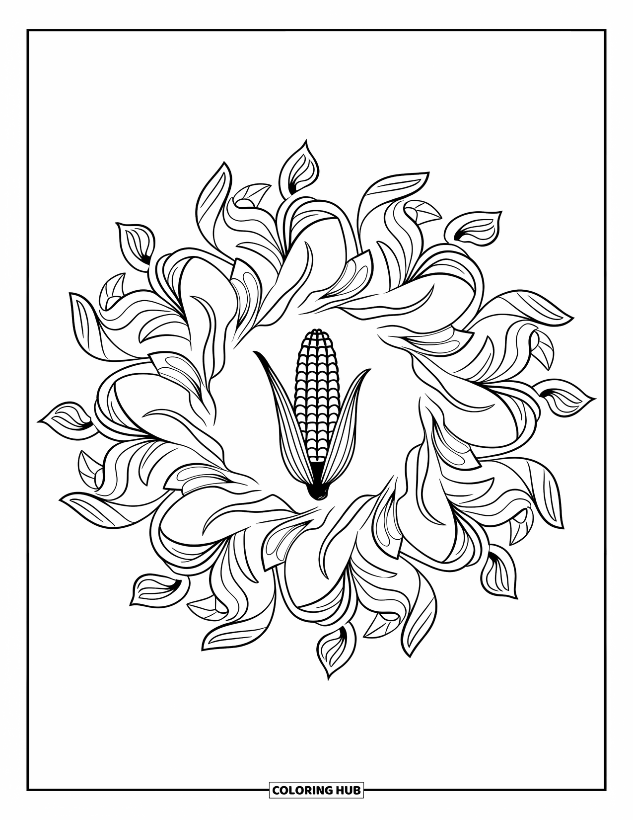 Corn Coloring Page for Adults: Corn stands at the center of a swirling mandala made of flowers and leaves