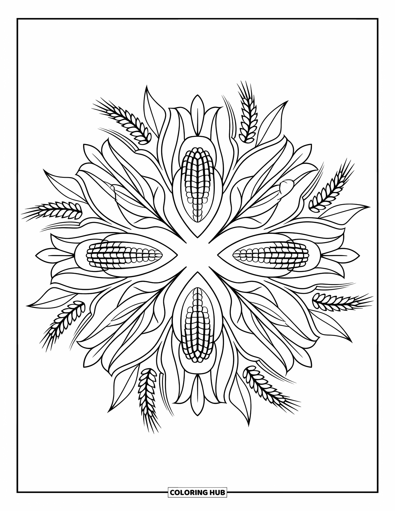 Corn Coloring Page for Adults: Corn-themed harvest mandala blooms with symmetrical leaves and layered patterns