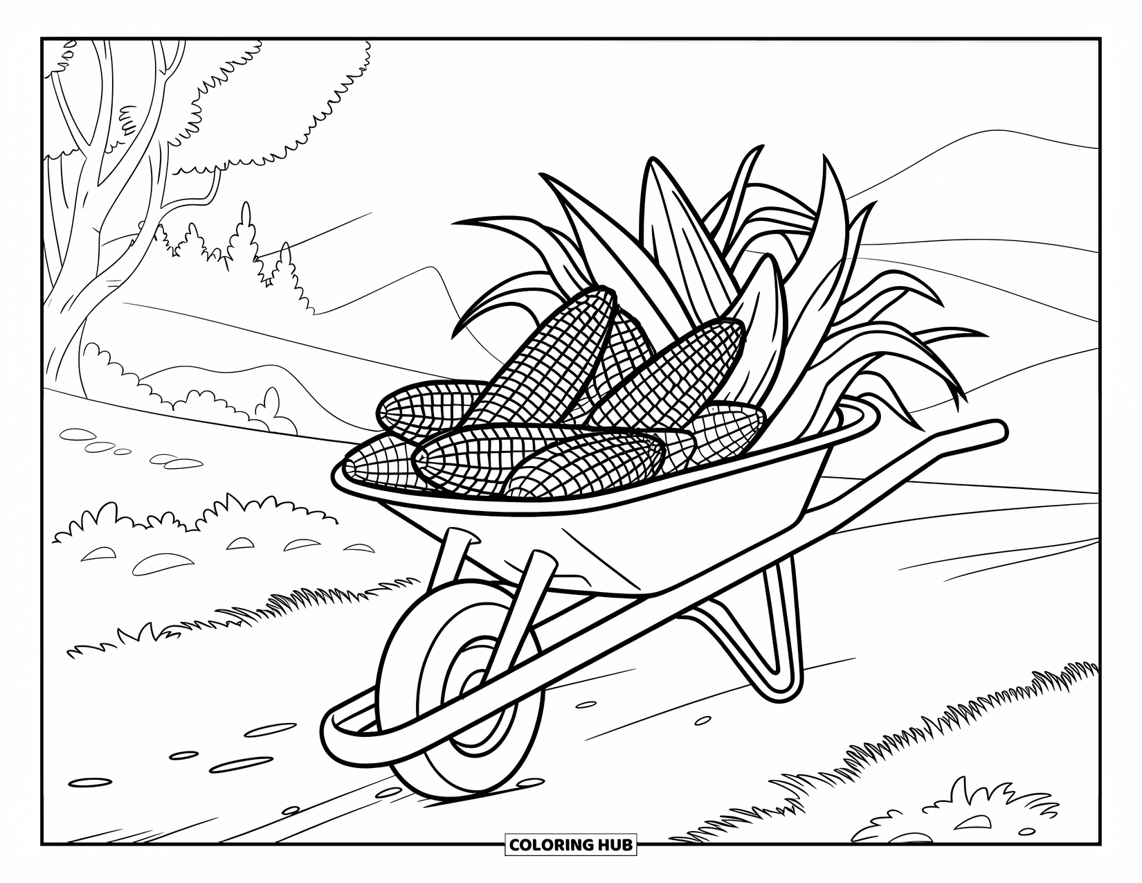 Corn Coloring Page for Kids: A basket of corn in a wheelbarrow rests on a dirt path in a quiet landscape