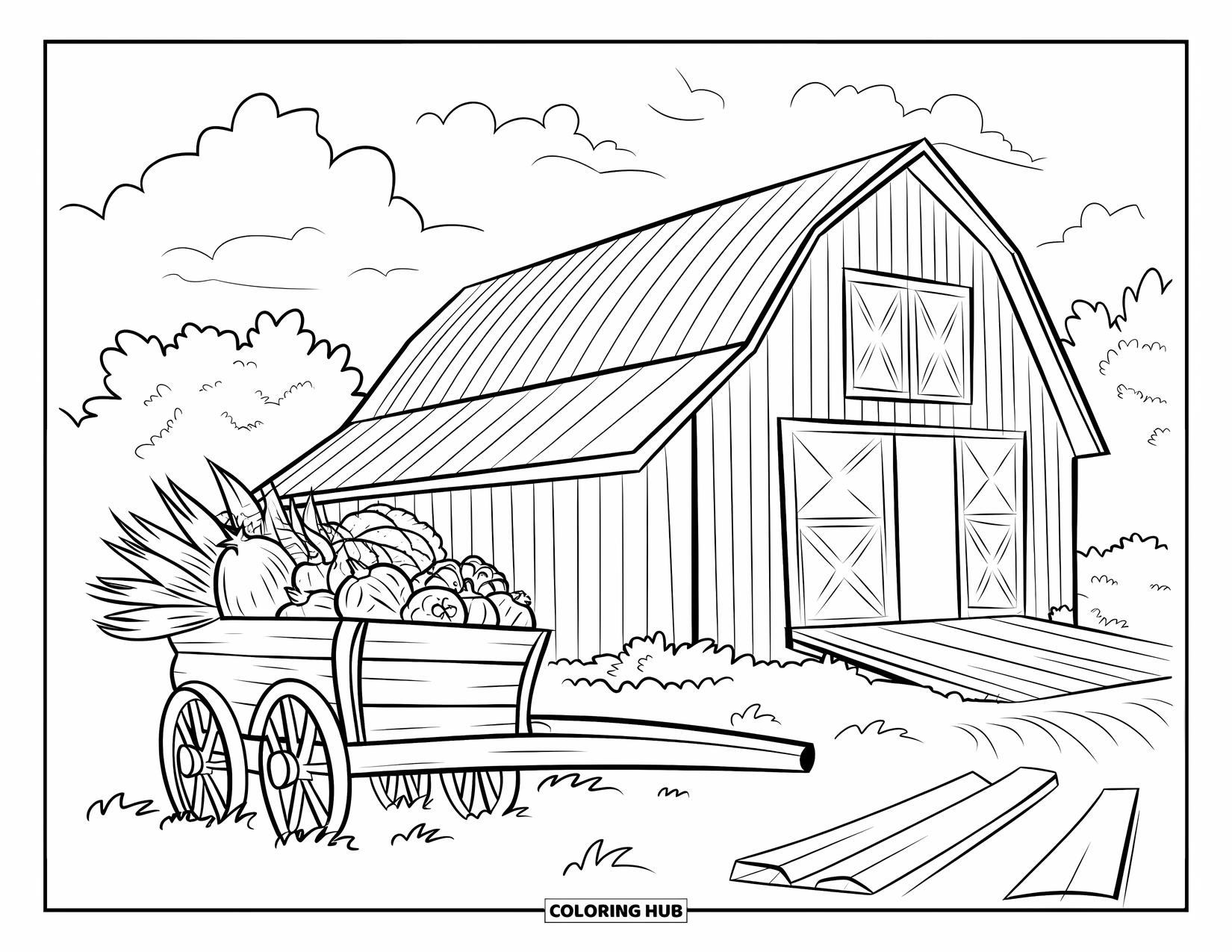 Corn Coloring Page for Kids: A cart of veggies sits by a wooden barn and ramp among trees