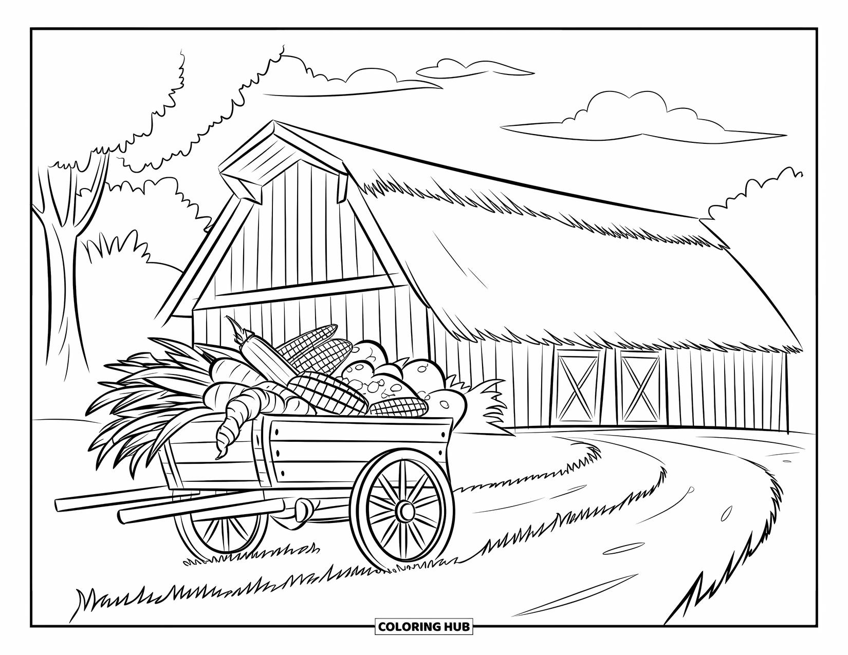 Corn Coloring Page for Kids: A corn cart filled with veggies sits near a country barn and path