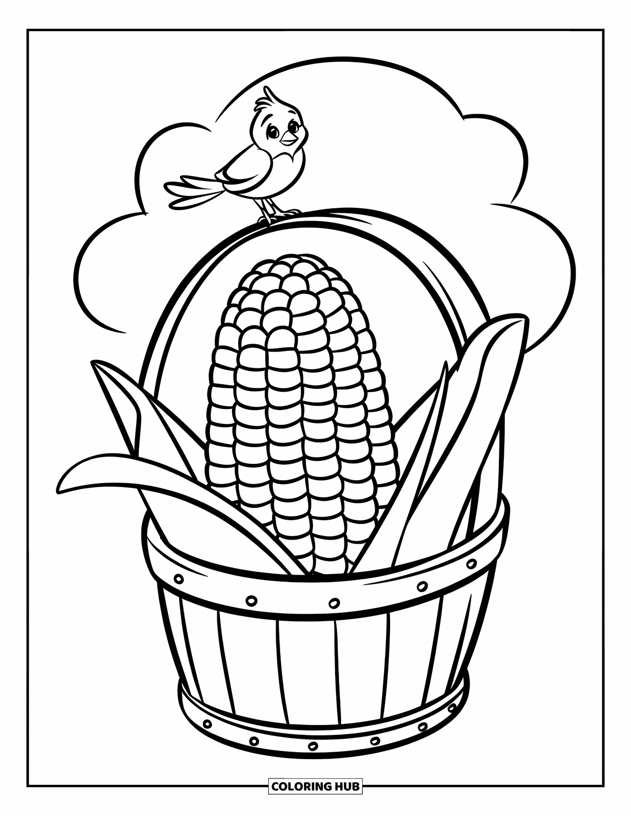 Corn Coloring Page for Kids: A corn cob in a basket and a tiny bird rest under a white fluffy cloud