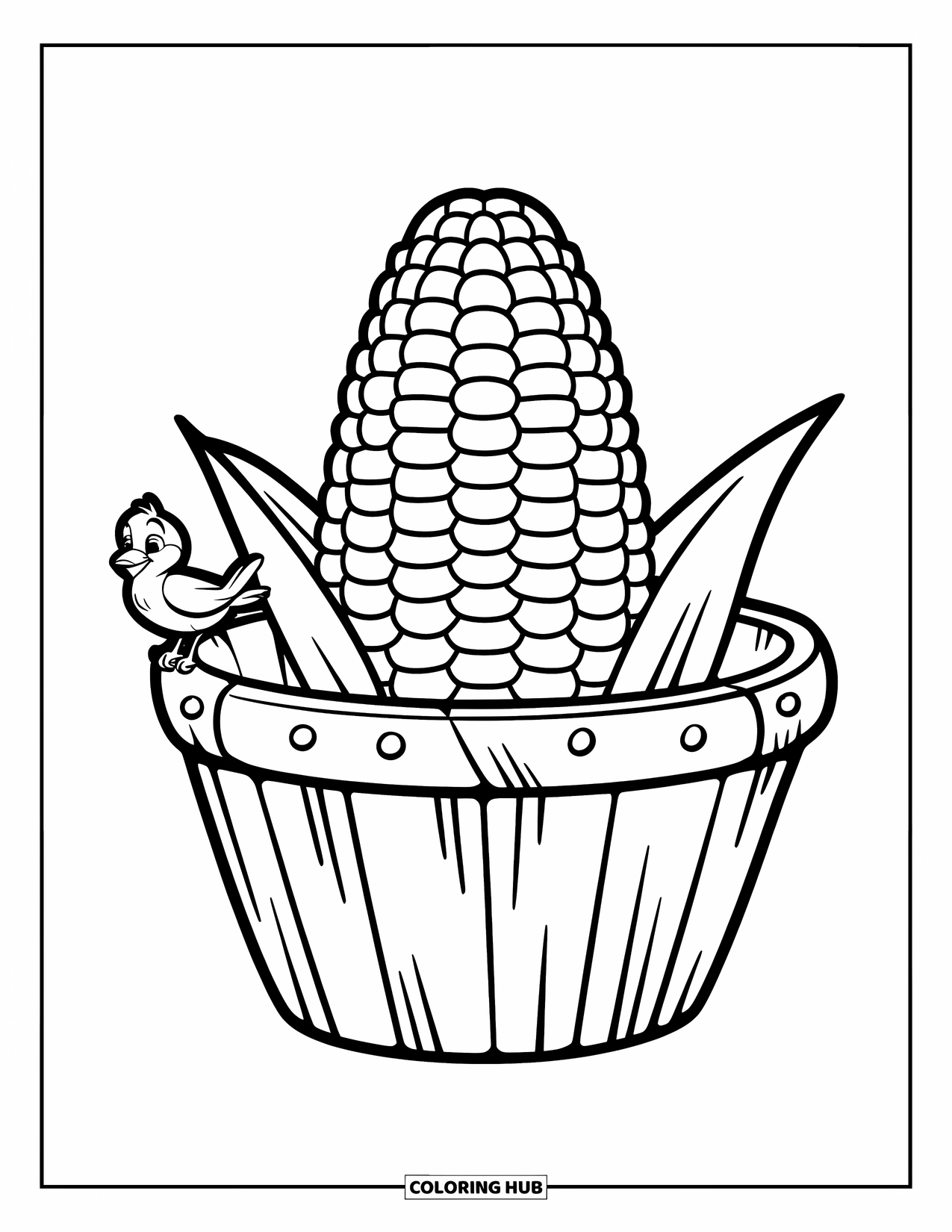 Corn Coloring Page for Kids: A corn cob in a basket sits quietly with a tiny bird on the edge