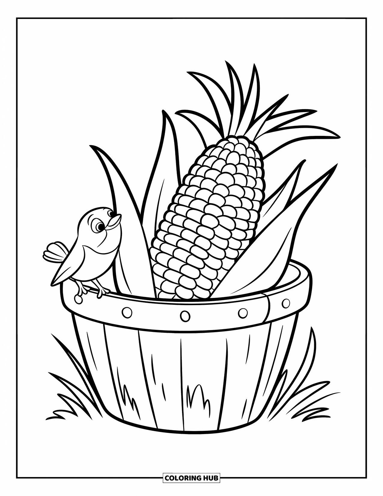 Corn Coloring Page for Kids: A corn cob rests in a wooden basket with a tiny bird sitting nearby
