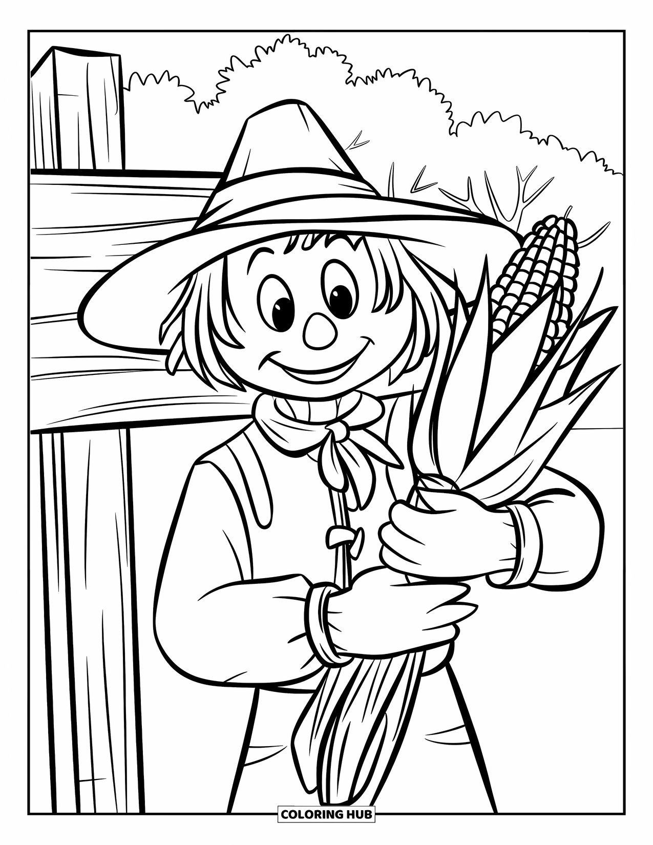 Corn Coloring Page for Kids: A happy scarecrow holds corn beside a wooden sign with trees behind