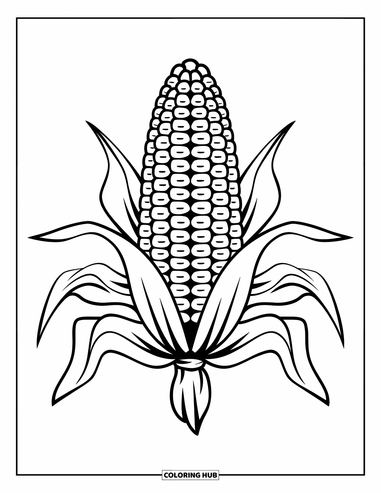 Corn Coloring Page for Kids: A patterned corn cob sits in the center of the page with leafy sides