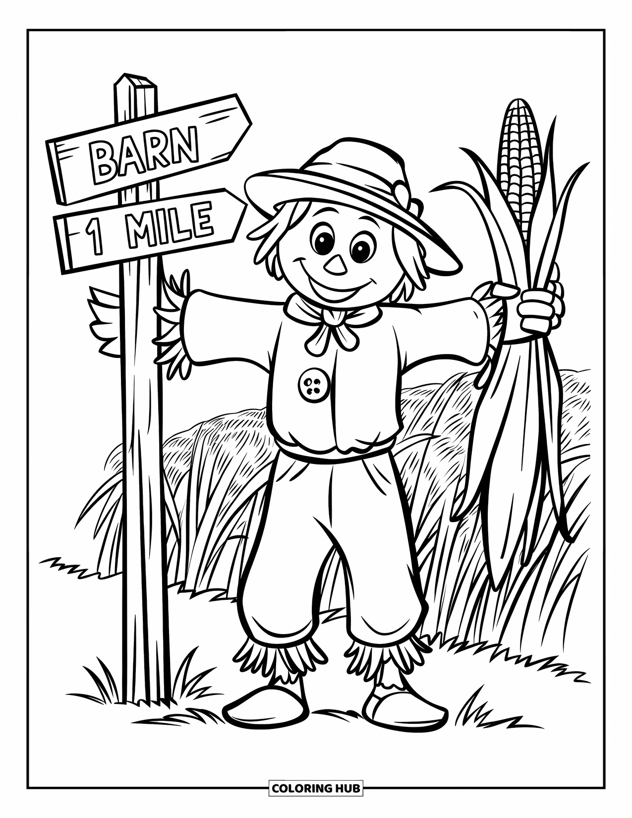 Corn Coloring Page for Kids: A scarecrow with a hat and corn bundle stands beside a "Barn 1 Mile" sign