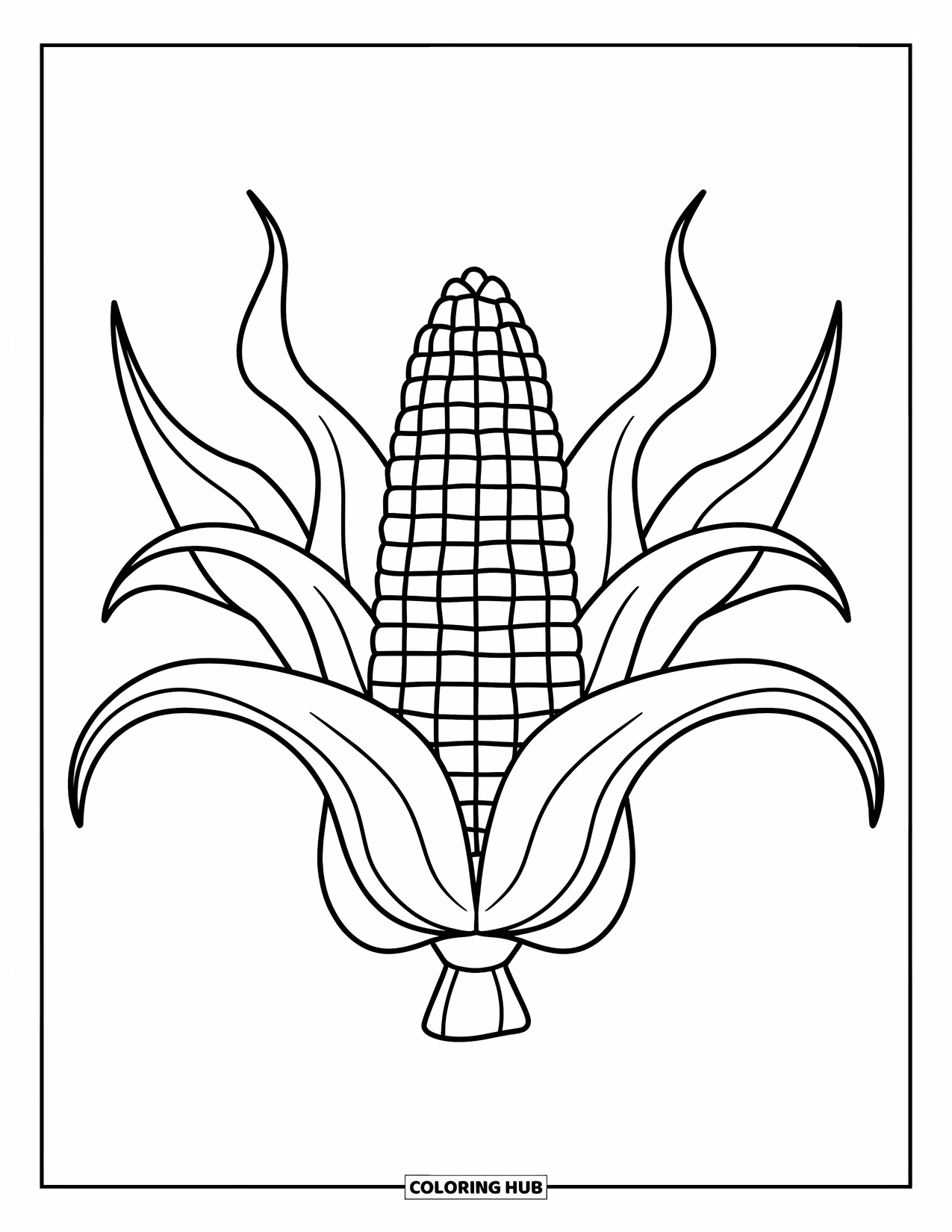 Corn Coloring Page for Kids: A single corn cob sits in the center with big leaves spread around it