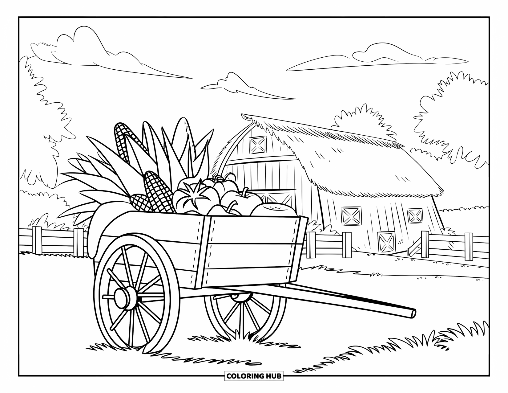 Corn Coloring Page for Kids: A vegetable cart stands by a barn, surrounded by trees and clouds