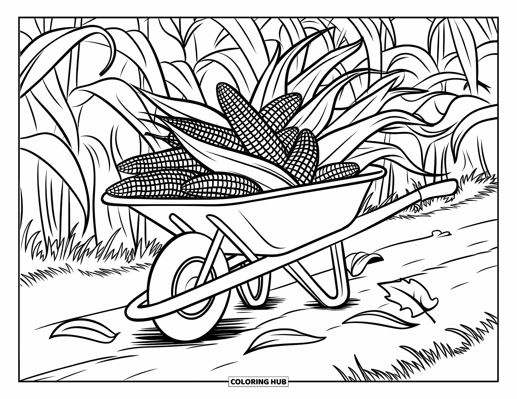 Corn Coloring Page for Kids: A wheelbarrow piled with corn stands on a dirt path with leaves swirling nearby