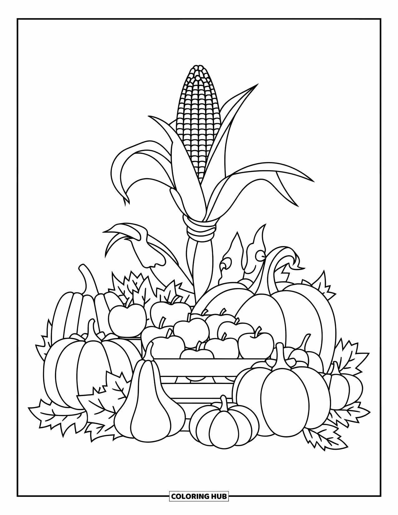 Corn Coloring Page for Kids: Corn stands tall among pumpkins, apples in a crate, and scattered leaves
