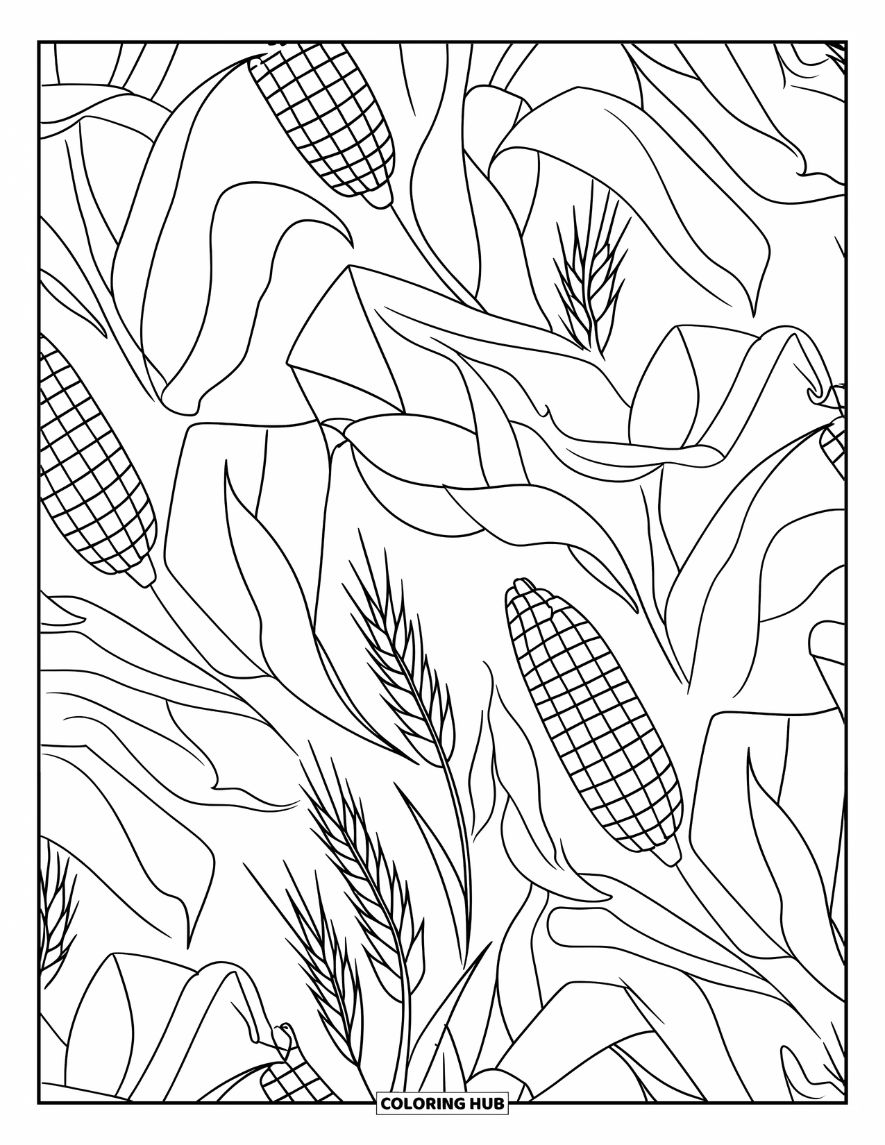 Corn Coloring Page for Kids: Corn, wheat, and leaves repeat in a modern and expressive fall pattern
