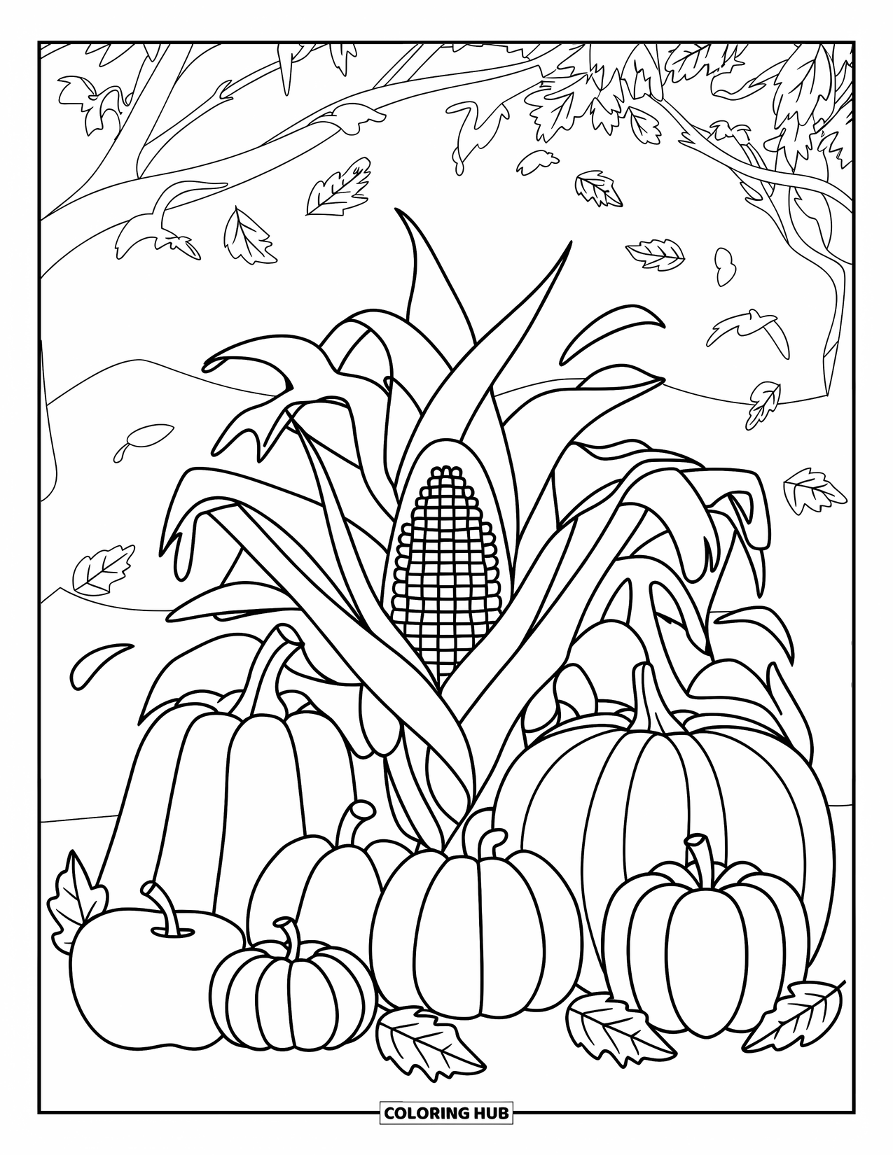 Corn Coloring Page for Kids: Pumpkins and apples surround corn in a lively autumn setup with falling leaves