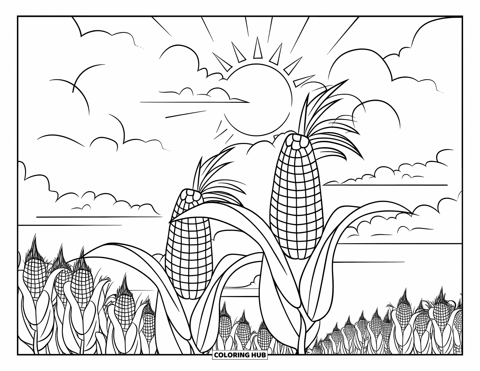 Corn Coloring Page for Kids: Tall corn stalks wave under the bright sun and a sky full of soft clouds