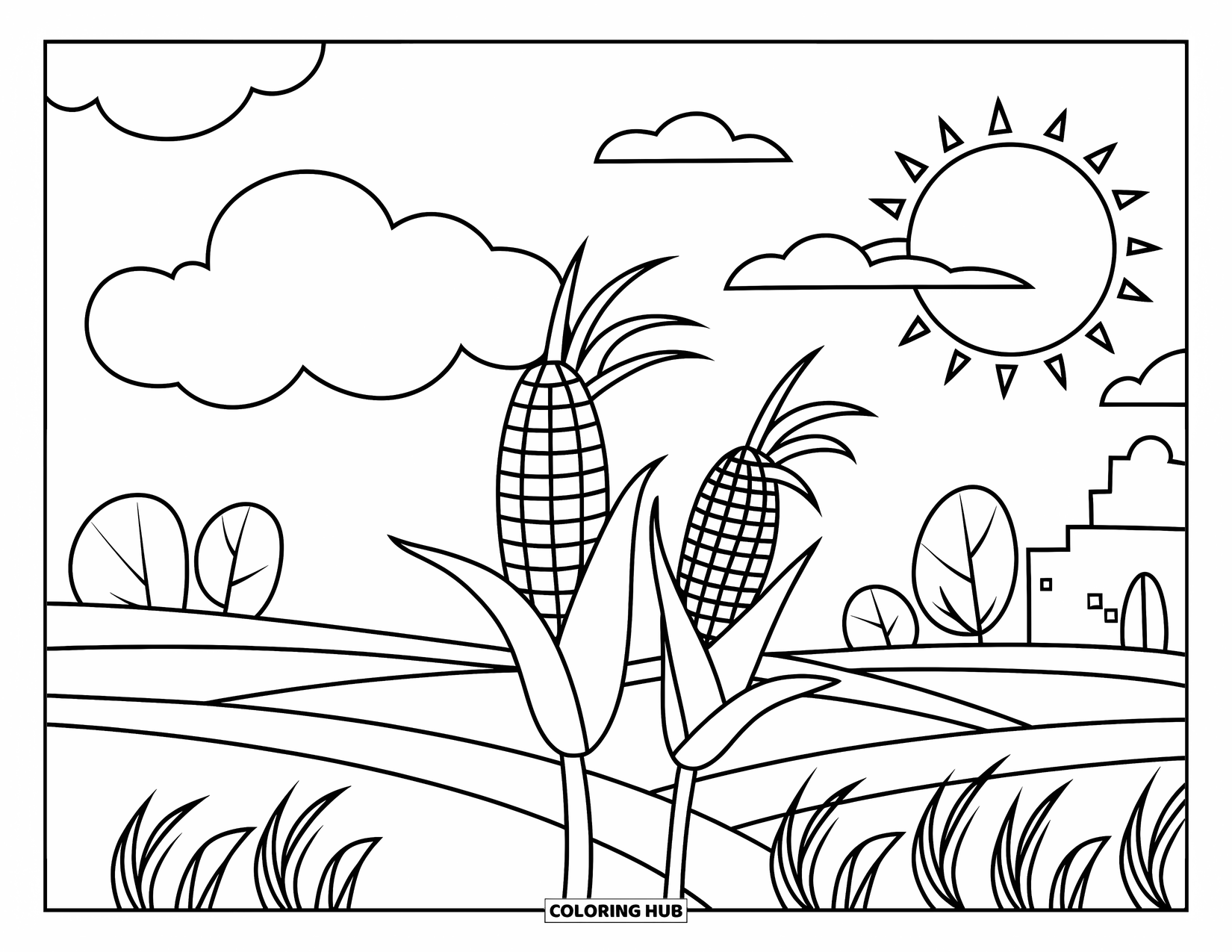 Corn Coloring Page for Kids: Two corn stalks wave gently in the sun with big clouds floating above