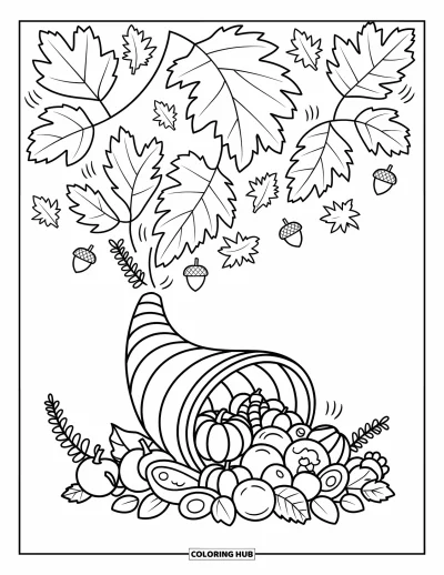Coloriage de corne d'abondance pour adultes : Une grande corne d'abondance se penche vers l'avant avec des fruits tandis que des feuilles tourbillonnantes emplissent le ciel