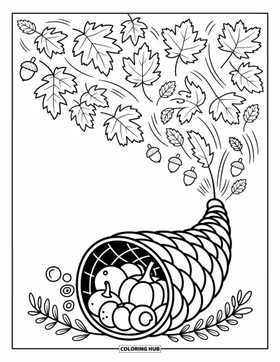 Coloriage de corne d'abondance pour adultes : Une corne d'abondance occupe la page au milieu de feuilles d'automne tourbillonnantes et de glands espiègles