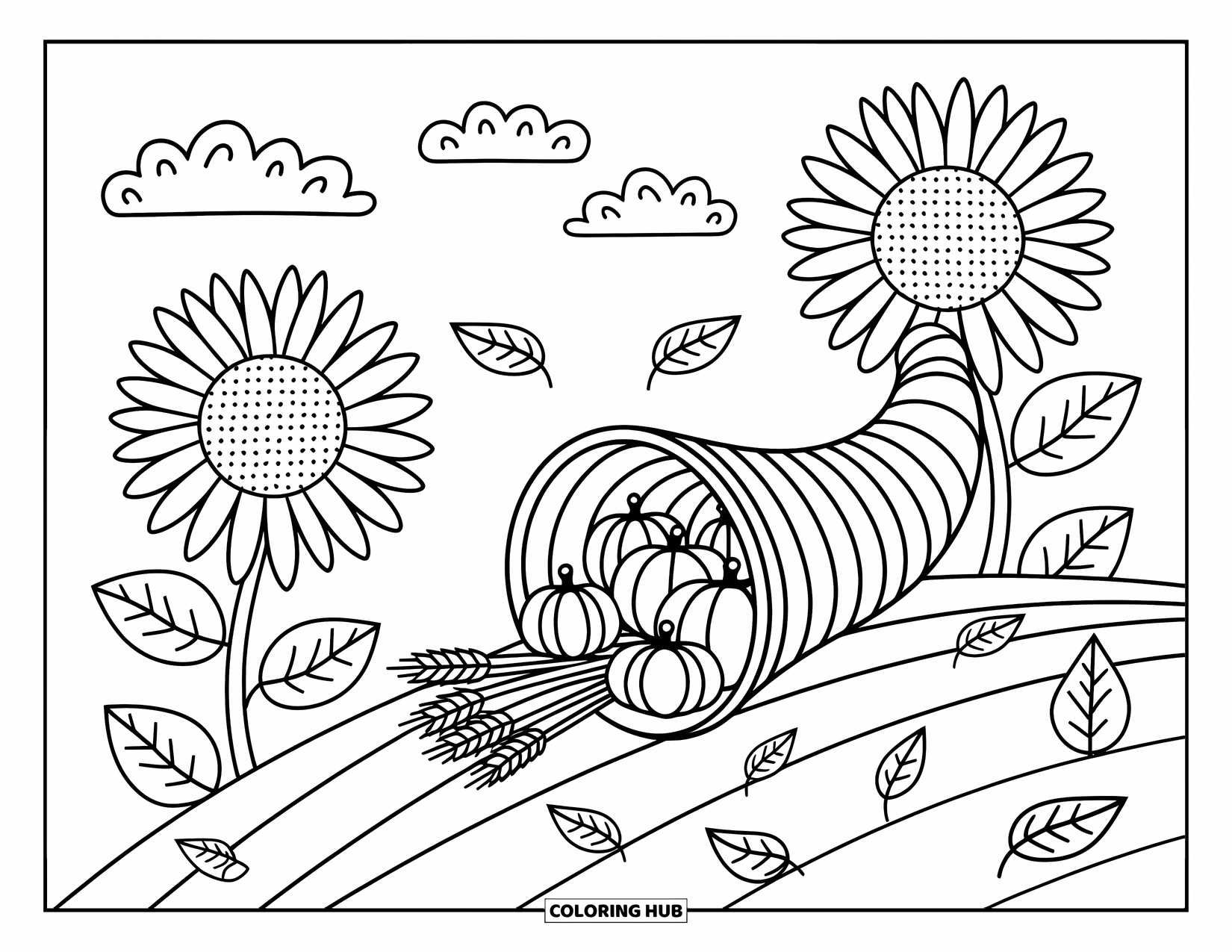 Cornucopia Coloring Page for Adults: A cornucopia lies on a hill with sunflowers, gourds, and floating clouds