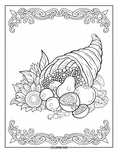 Coloriage de corne d'abondance pour adultes : Une corne d'abondance débordante parmi des fruits et des fleurs dans un cadre décoratif orné de motifs