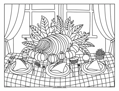 Coloriage de corne d'abondance pour adultes : Une corne d'abondance repose sur une table à carreaux entourée de pommes, de pain et de blé
