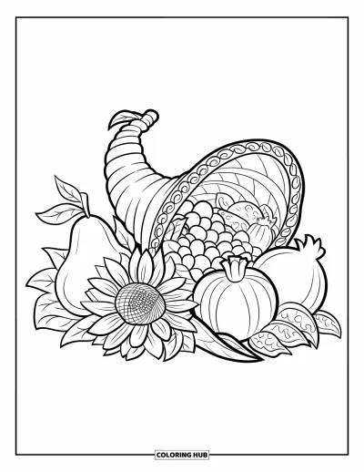 Coloriage de corne d'abondance pour adultes : Une corne d'abondance présente une poire, un tournesol et une grenade à côté de gracieuses arabesques