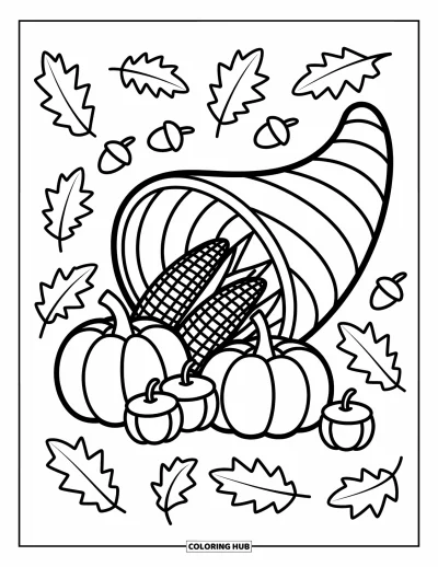 Coloriage de corne d'abondance pour adultes : Une corne d'abondance se renverse tandis que des citrouilles et des pommes se répandent parmi des feuilles et des volutes espiègles
