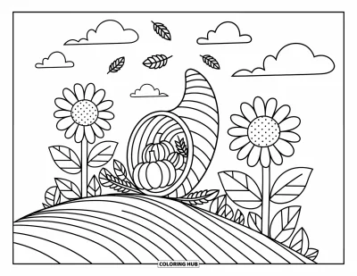 Coloriage de corne d'abondance pour adultes : Une corne d'abondance repose sur un coteau parmi des tournesols et de joyeux éléments de la moisson