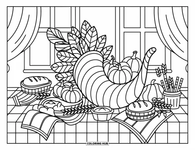 Coloriage de corne d'abondance pour adultes : Une table accueillante présente une corne d'abondance avec des courges, des pommes, du pain et de petits paniers