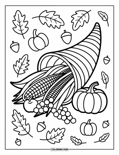 Coloriage de corne d'abondance pour adultes : Une adorable corne d'abondance laisse tomber des fruits d'automne avec des feuilles et des glands éparpillés tout autour