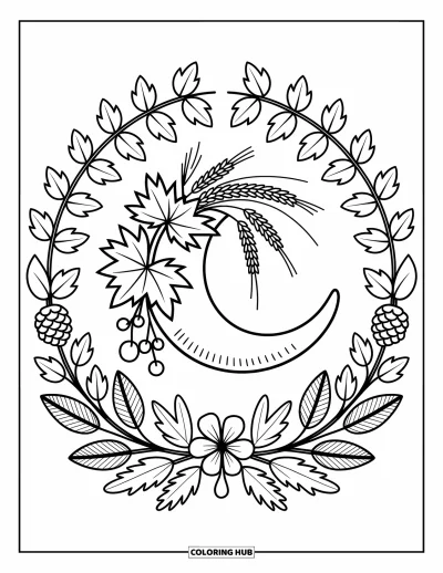Coloriage de corne d'abondance pour adultes : Une corne festive trône au centre d'un cadre circulaire composé d'éléments chaleureux de l'automne