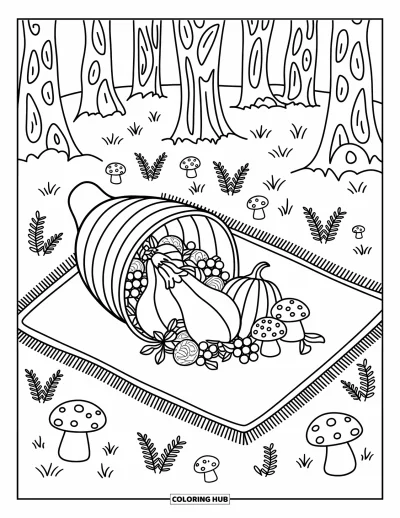 Coloriage de corne d'abondance pour adultes : Un pique-nique en forêt met en scène une corne d'abondance pleine de courges, de champignons et de baies
