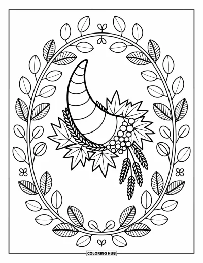 Coloriage de corne d'abondance pour adultes : Une guirlande de feuilles d'érable et de blé entoure une corne dans un délicat cadre naturel
