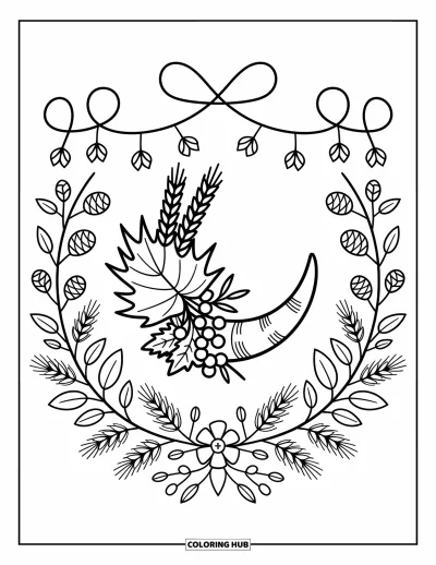 Coloriage de corne d'abondance pour adultes : Une corne garnie de baies et de feuilles est entourée de pommes de pin accueillantes et de herbes nouées