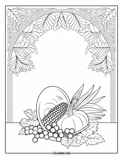 Coloriage de corne d'abondance pour adultes : Un arceau de feuilles surmonte une corne garnie de raisins, de maïs et de courges