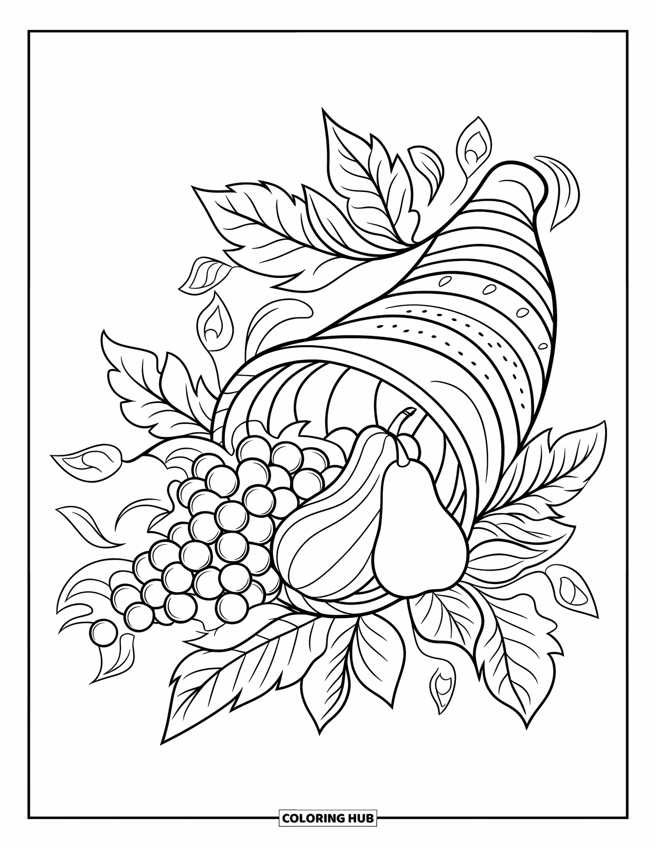 Cornucopia Coloring Page for Adults: A mandala cornucopia filled with squash and grapes sits among swirling leaves
