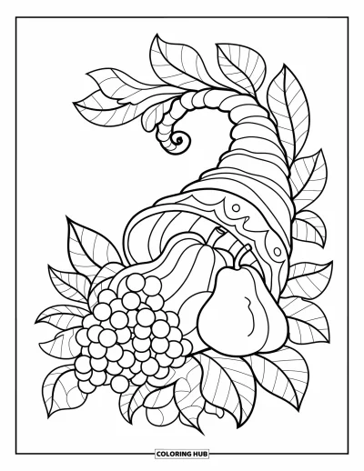 Coloriage de corne d'abondance pour adultes : Une paisible corne d'abondance fruitée est entourée d'élégantes feuilles au style mandala