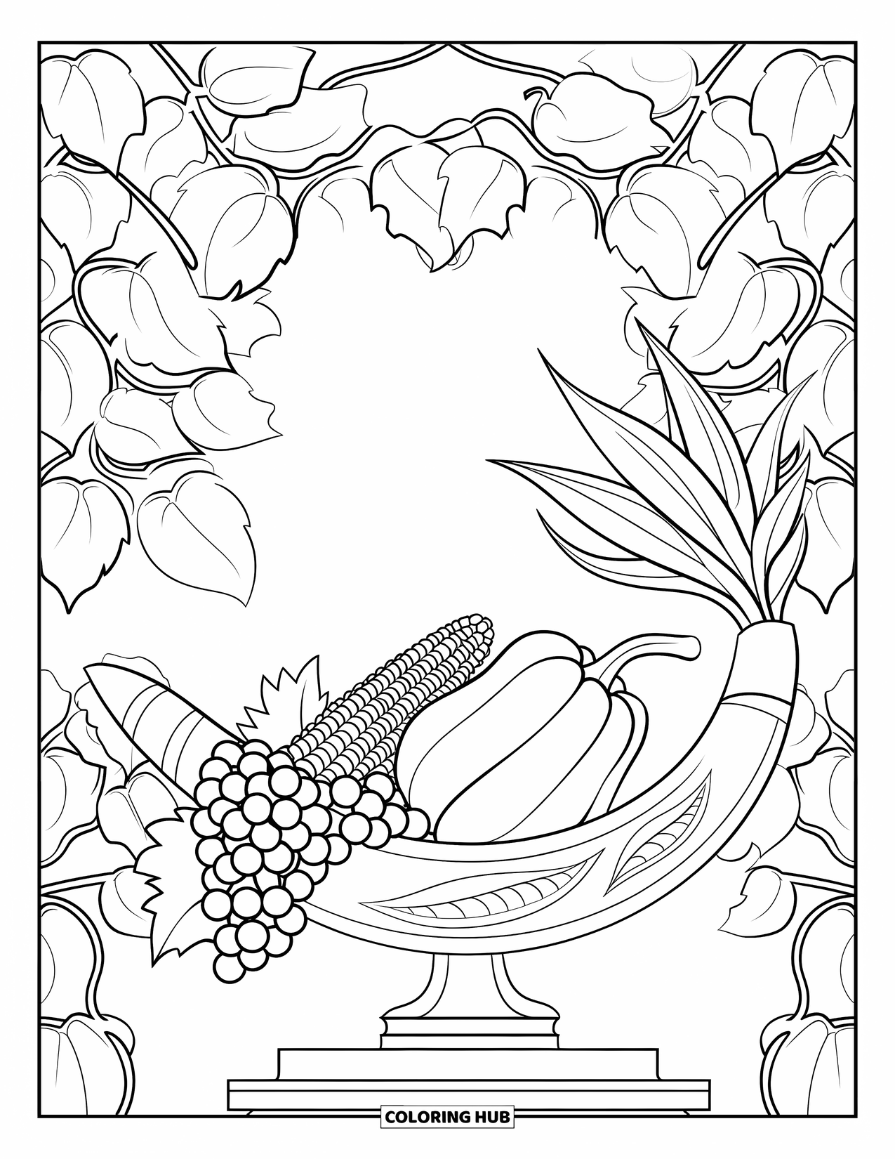 Cornucopia Coloring Page for Adults: A pedestal holds a horn of produce beneath large leaves and vines