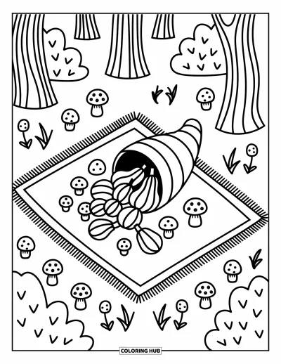 Coloriage de corne d'abondance pour adultes : Une couverture de pique-nique accueille une corne d'abondance remplie de courges et de champignons dans la forêt