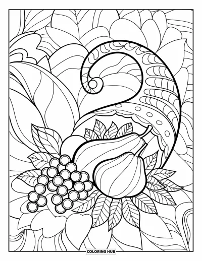Coloriage de corne d'abondance pour adultes : Une corne d'abondance au style mandala déborde de fruits et de volutes, idéale pour les adultes