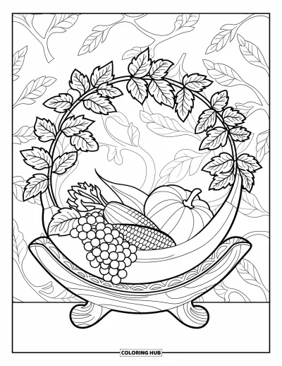 Coloriage de corne d'abondance pour adultes : Du maïs, des courges et des raisins s'échappent d'une corne sous des arceaux de feuilles et des motifs décoratifs